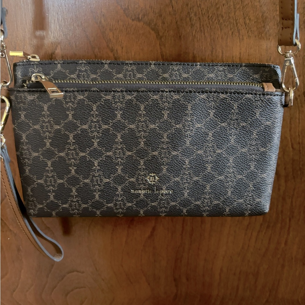 Slim Nanette Lepore crossbody purse and wristlet with two zippered compartments